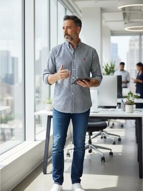 Ralph Lauren Classic Fit Navy & White Gingham Long Sleeve Button Down Shirt Sz L